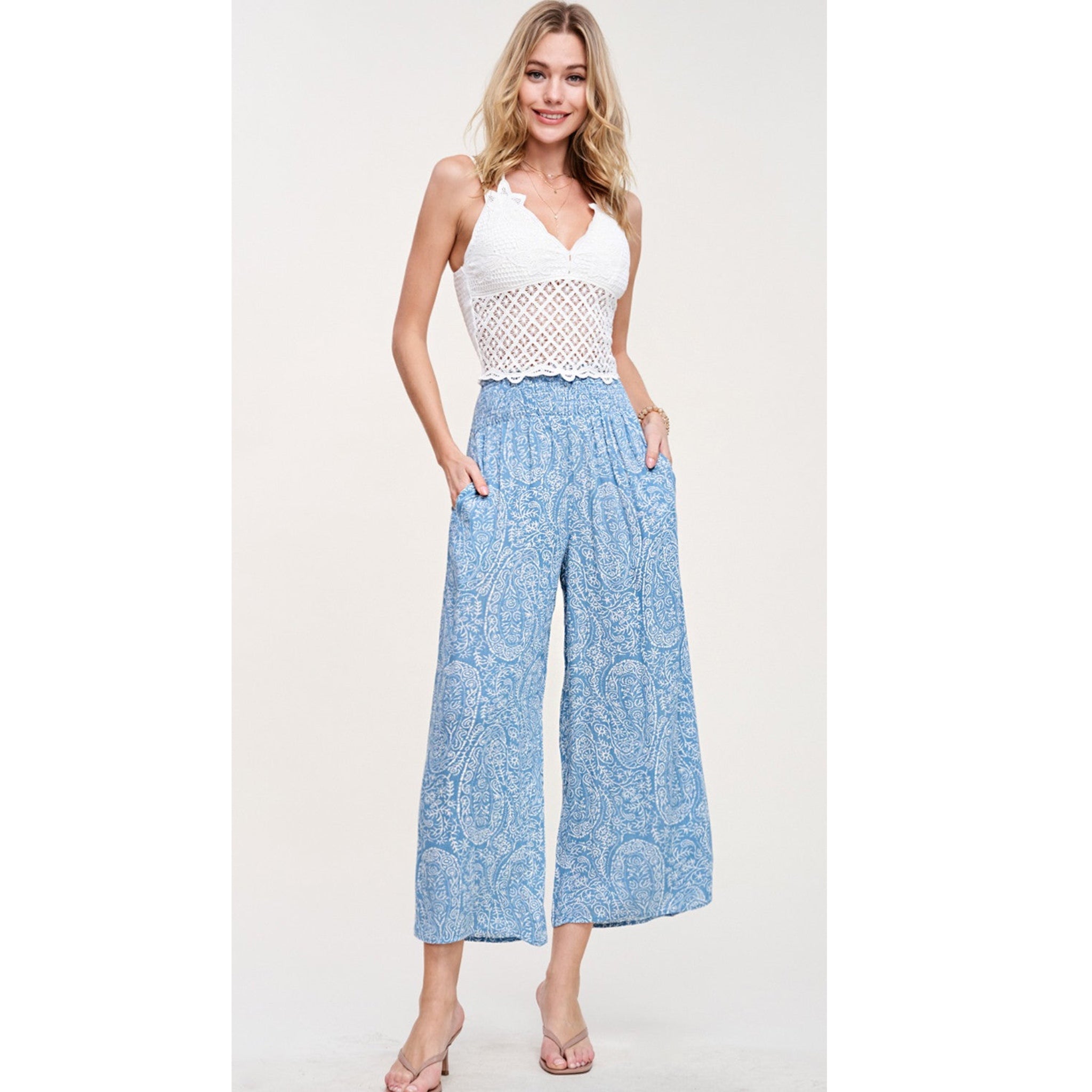 LA MIEL Coastal Boho Paisley Wide Leg Pants in Ocean Blue