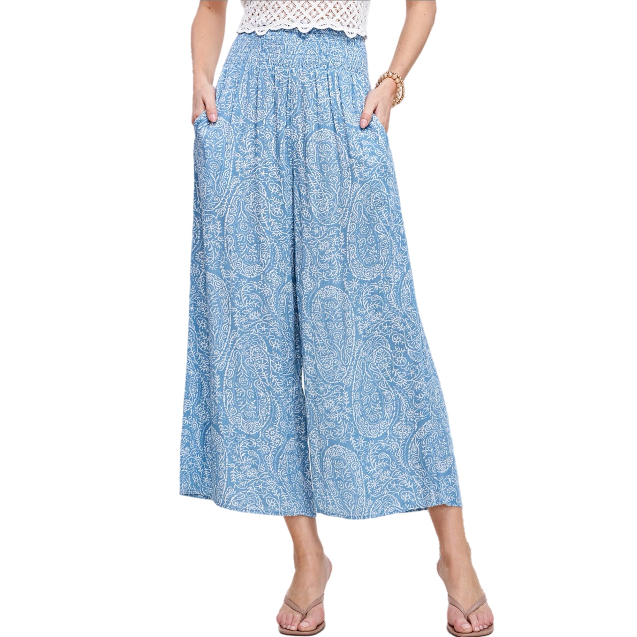 LA MIEL Coastal Boho Paisley Wide Leg Pants in Ocean Blue