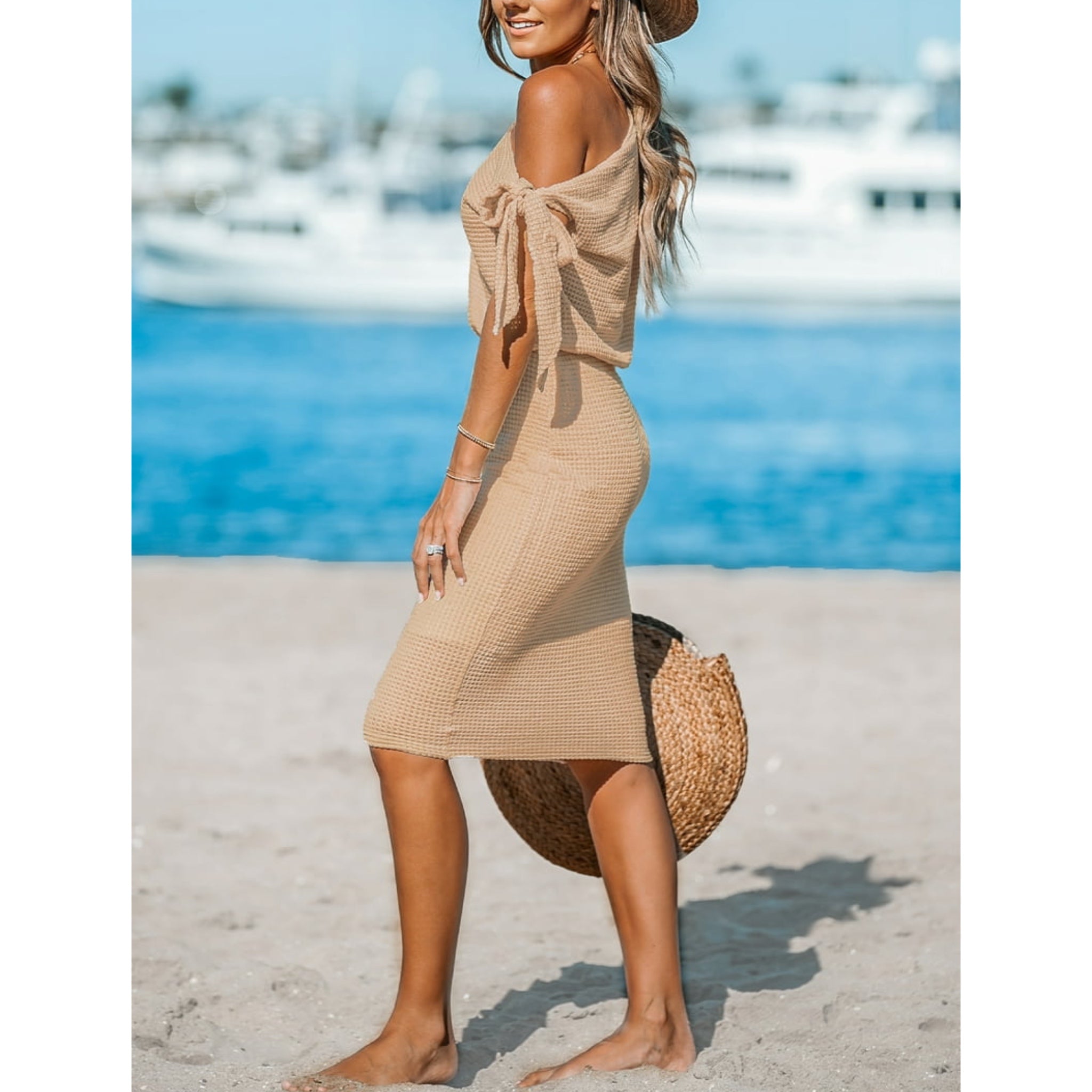 Knit Midi Dress Off Shoulder Tie Sleeve Women's Resort Wear in Boho Be East Coast Bella Boutique Knit Midi Dress Off Shoulder Tie Sleeve Women's Resort Wear in Boho Be East Coast Bella Boutique