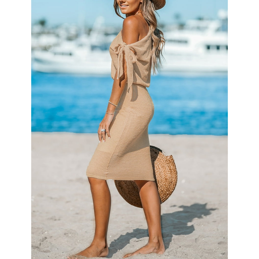 Knit Midi Dress Off Shoulder Tie Sleeve Women’s Resort Wear in Boho Beige