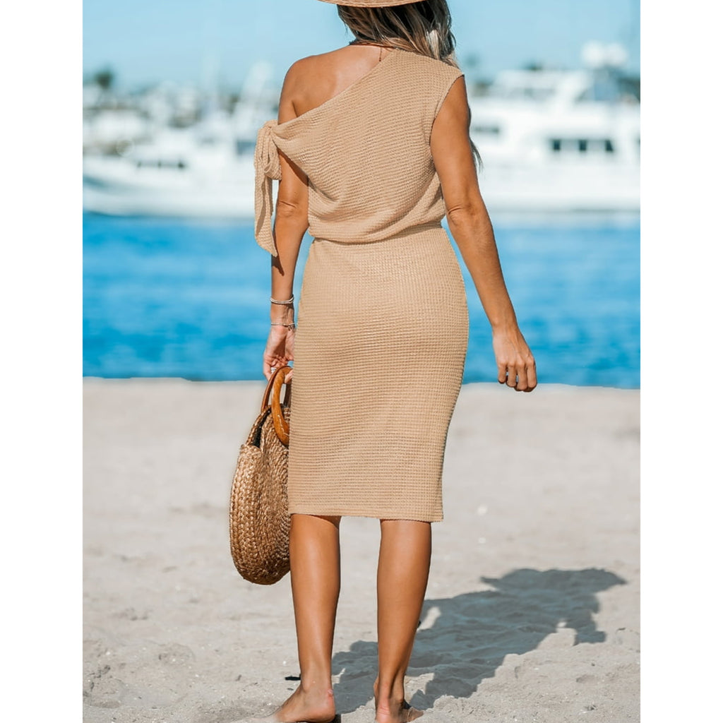 Knit Midi Dress Off Shoulder Tie Sleeve Women’s Resort Wear in Boho Beige