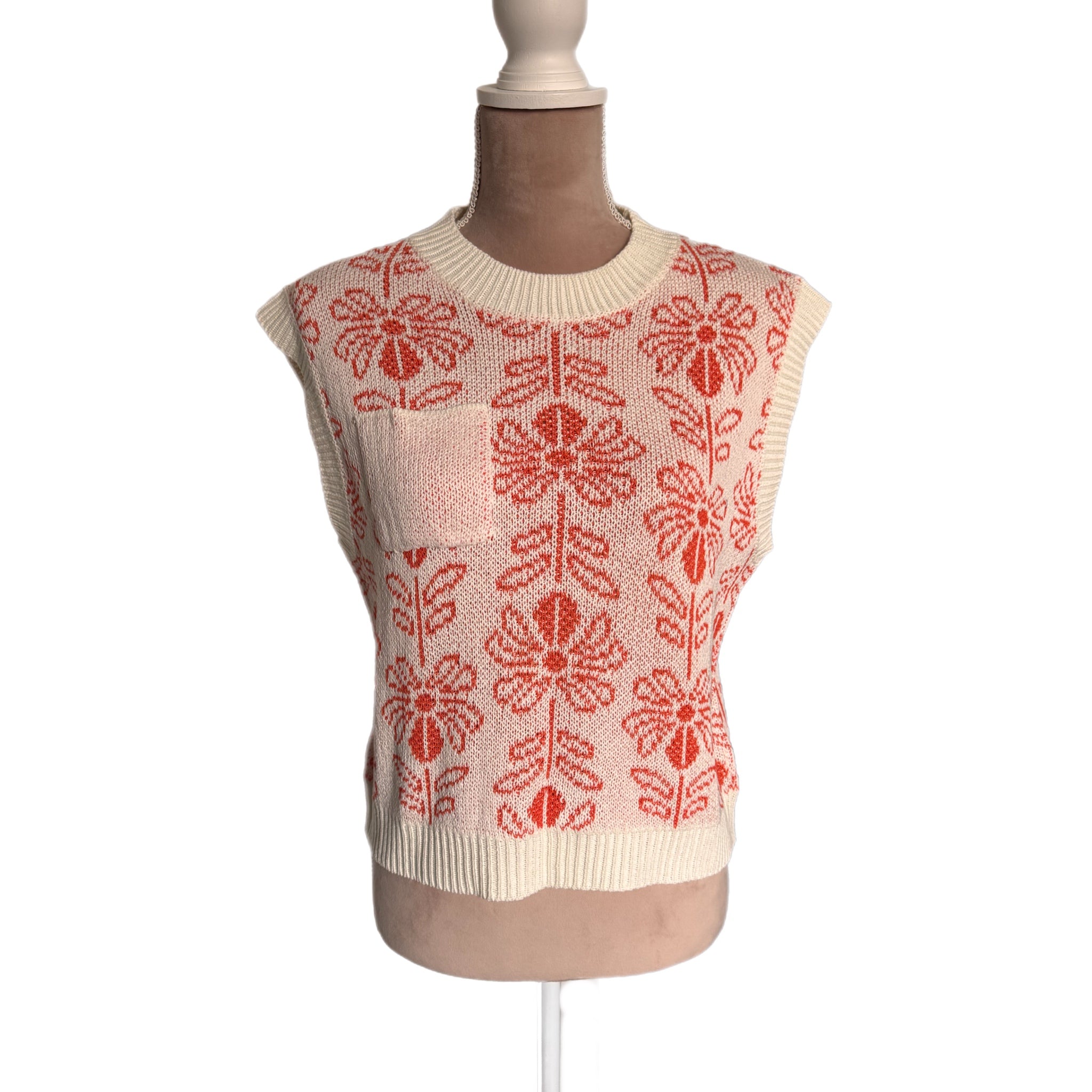 La Miel Floral Knit Sweater Vest Retro Revival Sleeveless Top- Burnt Orange