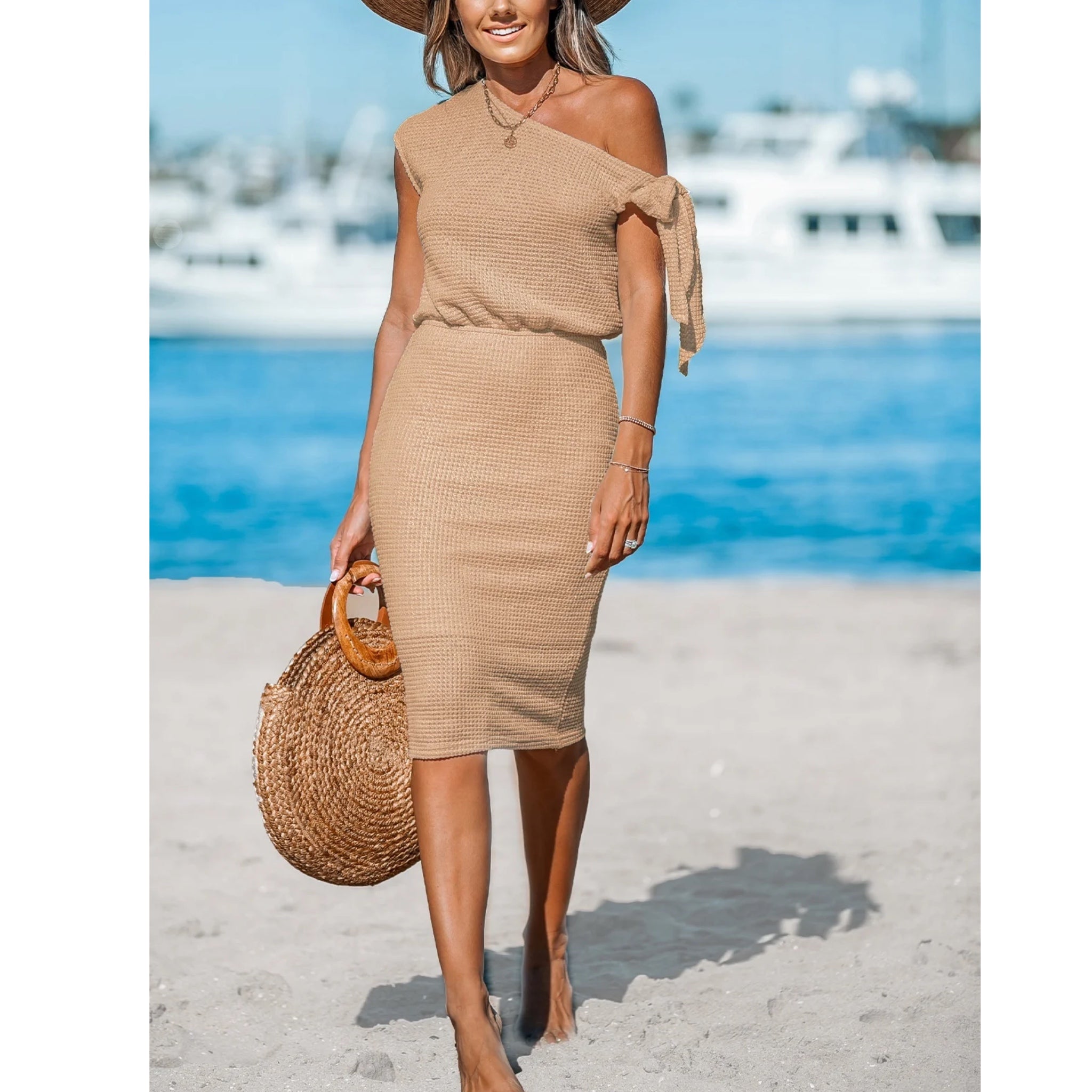 Knit Midi Dress Off Shoulder Tie Sleeve Womens Resort Wear in Boho Beige - Large Knit Midi Dress Off Shoulder Tie Sleeve Womens Resort Wear in Boho Beige - Large