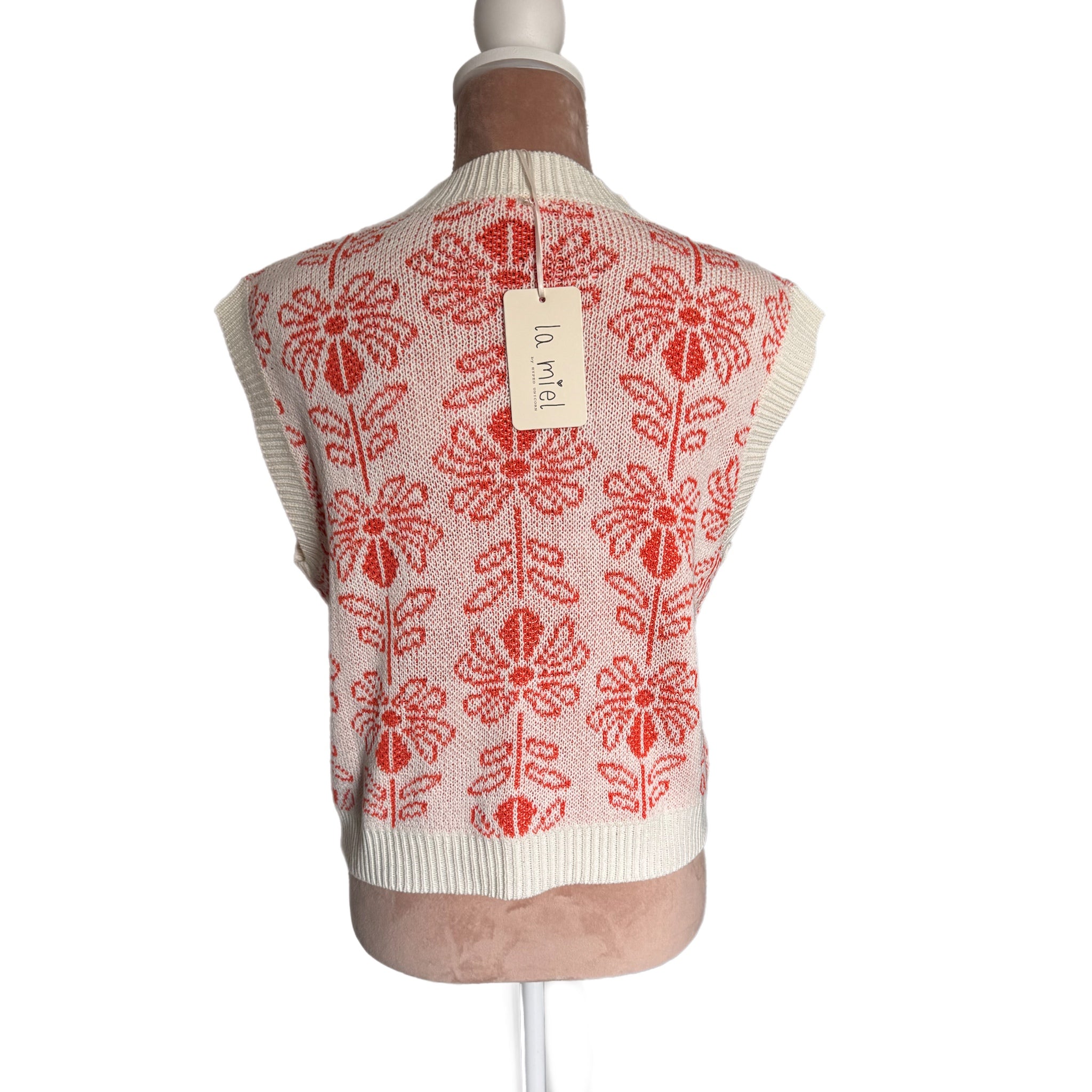 La Miel Floral Knit Sweater Vest Retro Revival Sleeveless Top- Burnt Orange