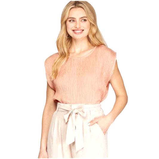 She + Sky Womens Blush Pink Top Sleeveless Shirt Crinkle Blouse S-L