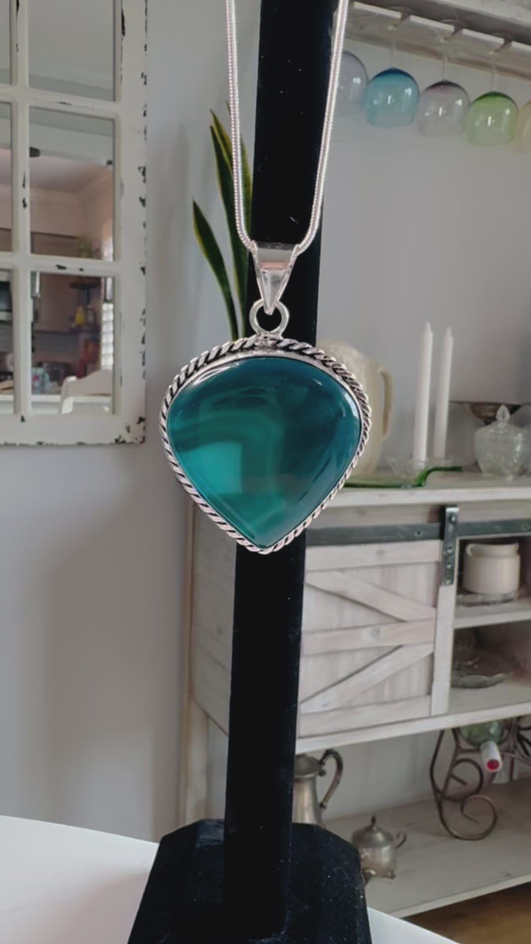 Ocean Blue Agate Gemstone Pendant Necklace 925 Sterling Silver Bezel & Chain