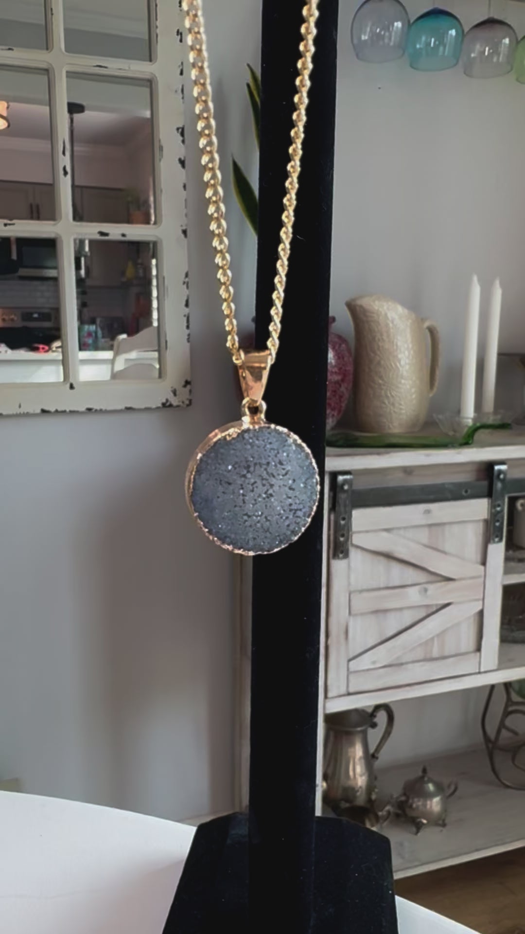 Blue Natural Druzy Quartz Gemstone Pendant Necklace Gold Plate