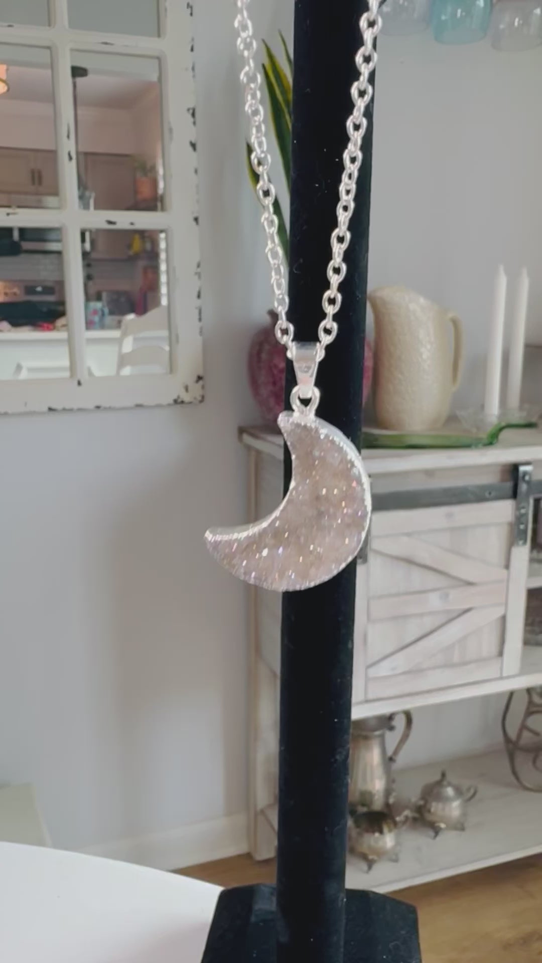 Quartz Druzy Stone Crescent Moon Silver Plated Geode Necklace Crystal