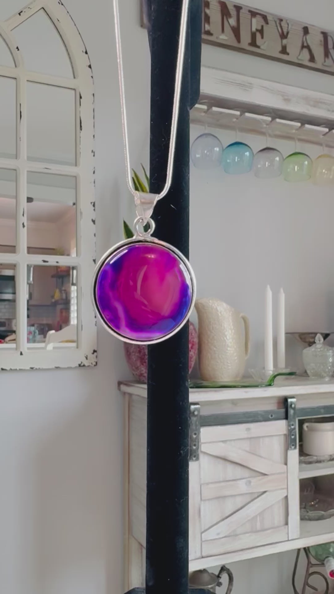 Purple Galaxy Agate Gemstone Pendant Necklace 925 Sterling Silver Plated Bezel & Chain